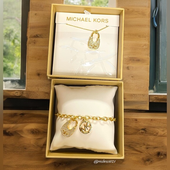 Michael Kors Gold Locket MK Necklace + Bracelet NIB - Picture 1 of 5